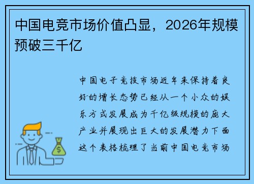 中国电竞市场价值凸显，2026年规模预破三千亿